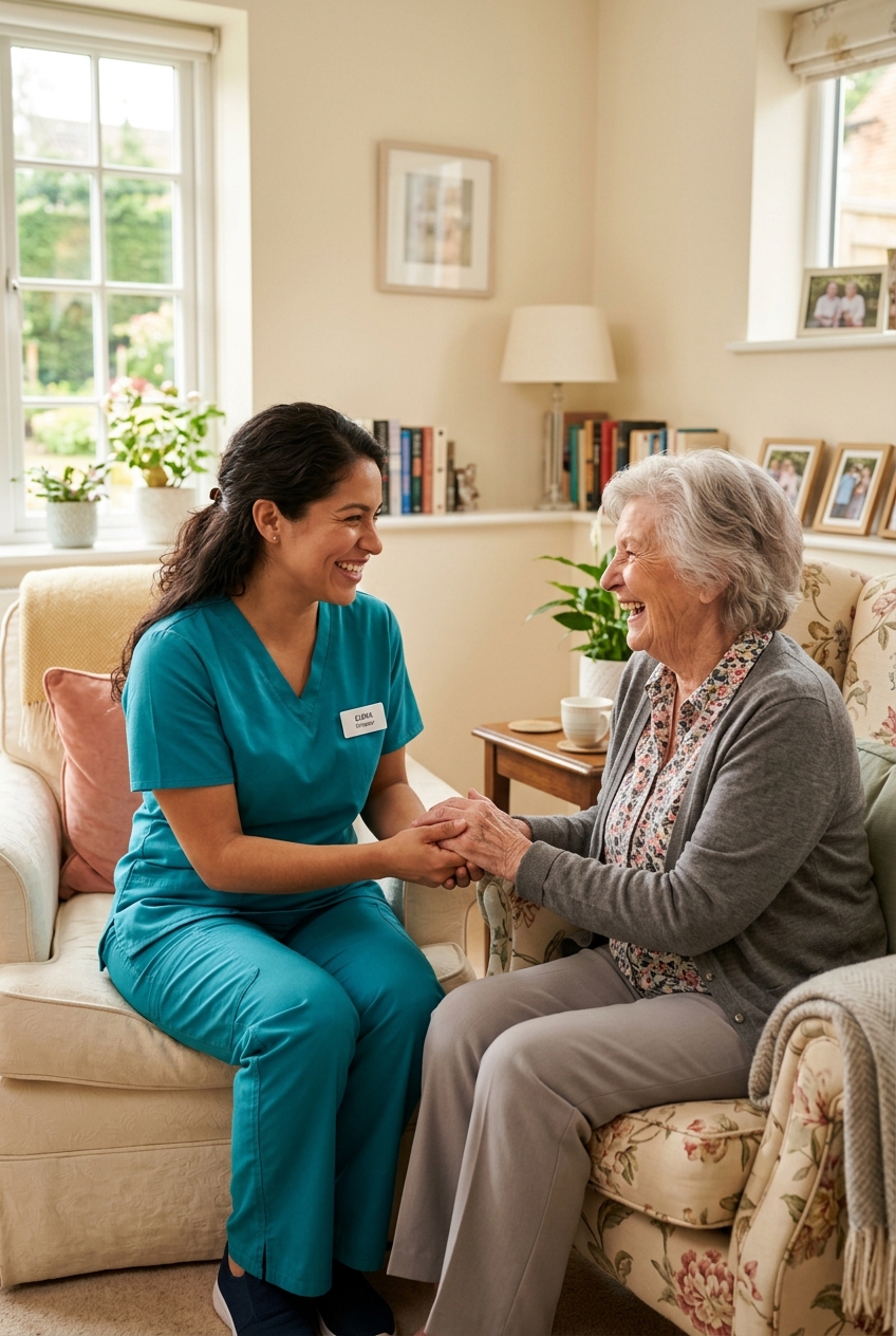Professional caregiver smiling with elderly patient at home